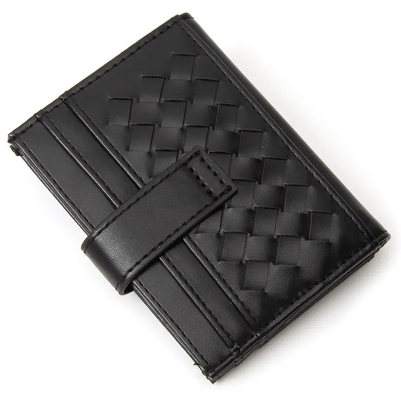 Black woven leather card holder with quilted weave pattern for stylish organization