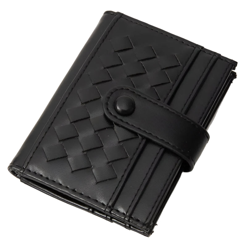 Black woven leather wallet with quilted weave pattern and snap closure for style and safety