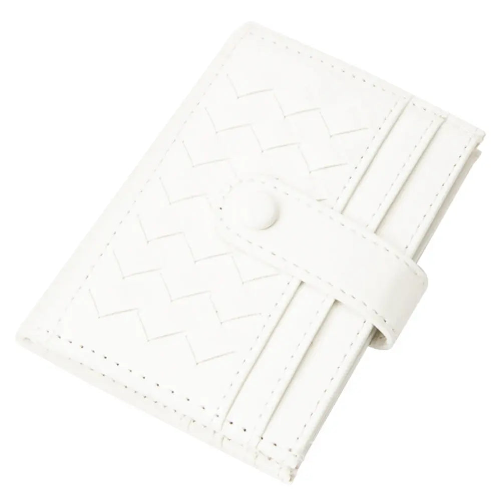 White woven leather card holder with quilted weave pattern for stylish organization