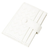 White woven leather card holder with quilted weave pattern for stylish organization
