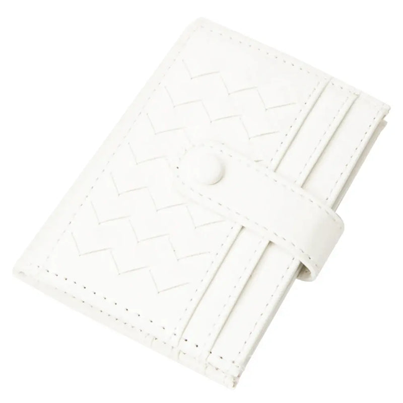 White woven leather card holder with quilted weave pattern for stylish organization