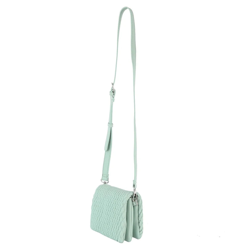 Mint green crossbody bag with textured leather and adjustable strap for stylish women