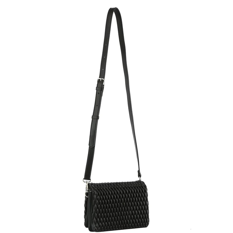 Black quilted leather crossbody bag with an adjustable strap for women