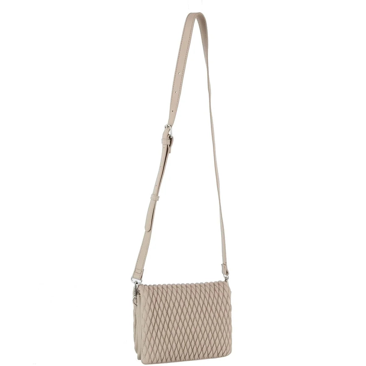 Beige quilted crossbody bag with adjustable strap for stylish everyday use