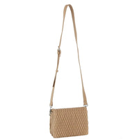 Beige quilted leather crossbody bag with adjustable strap for stylish versatility