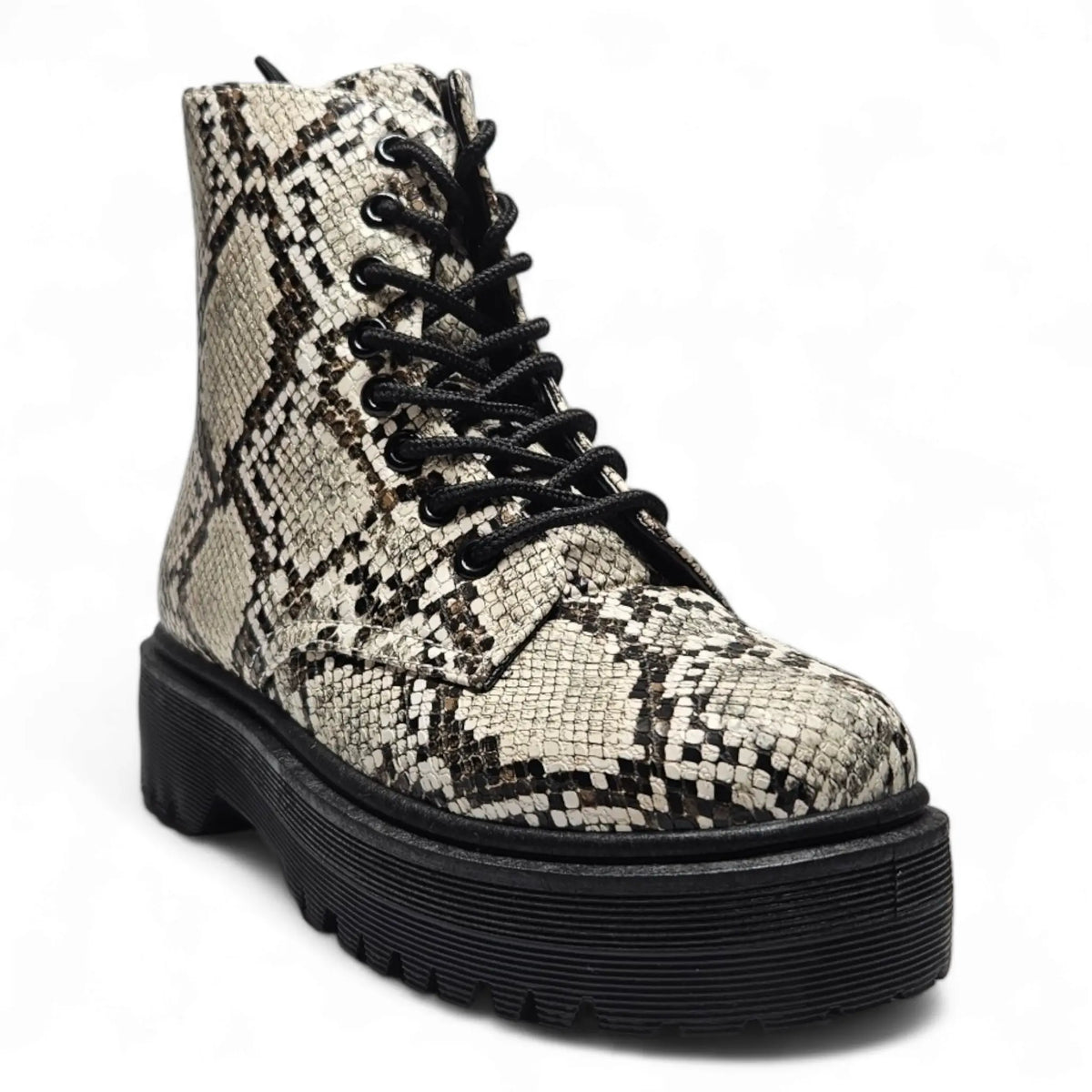 Chunky platform boot with snakeskin print and black laces from Animal Print Lace Up Combat Boot