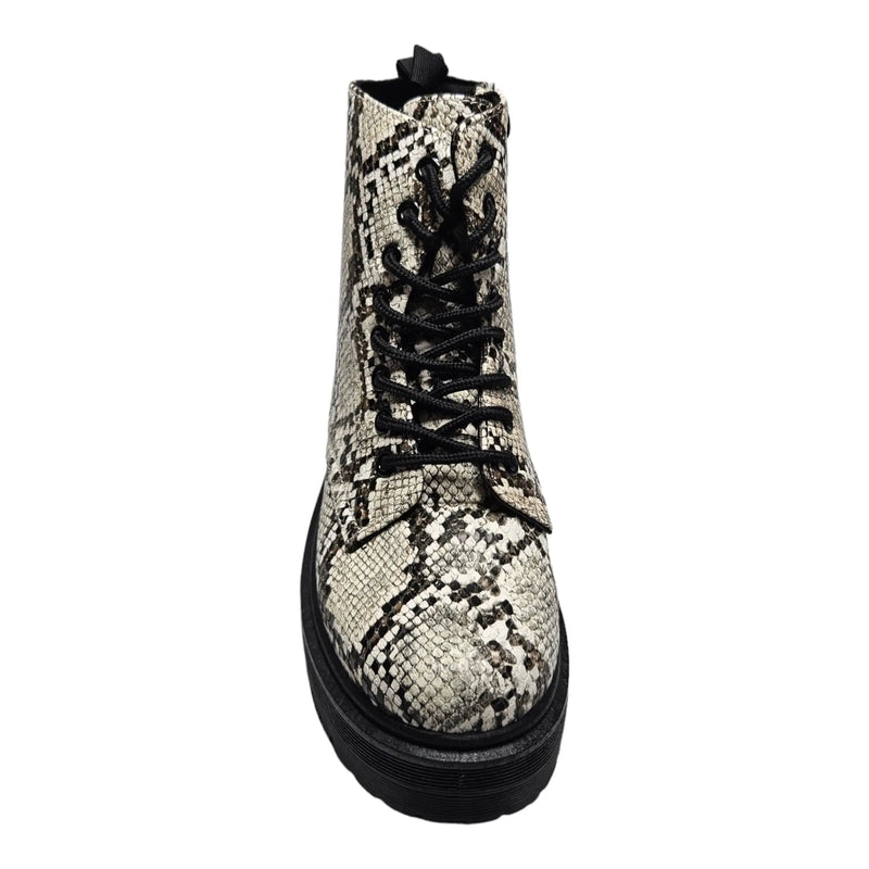 Snakeskin-patterned Animal Print Lace Up Combat Boot with black laces and chunky sole