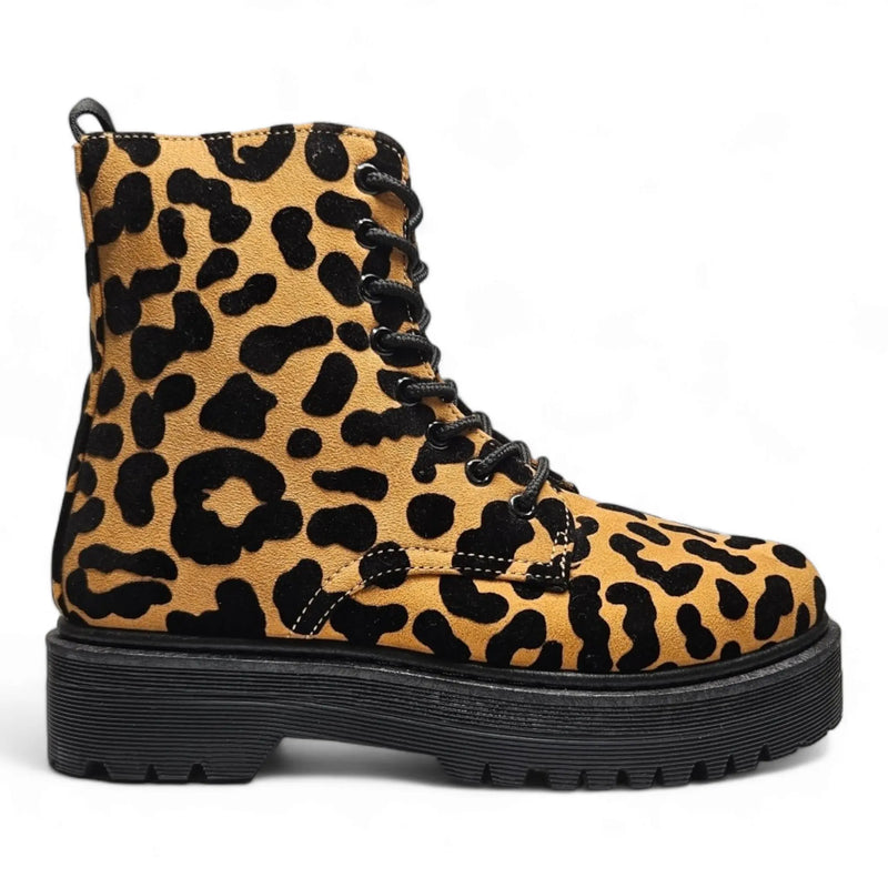 Leopard-print combat boot with chunky platform sole and black laces for stylish footwear