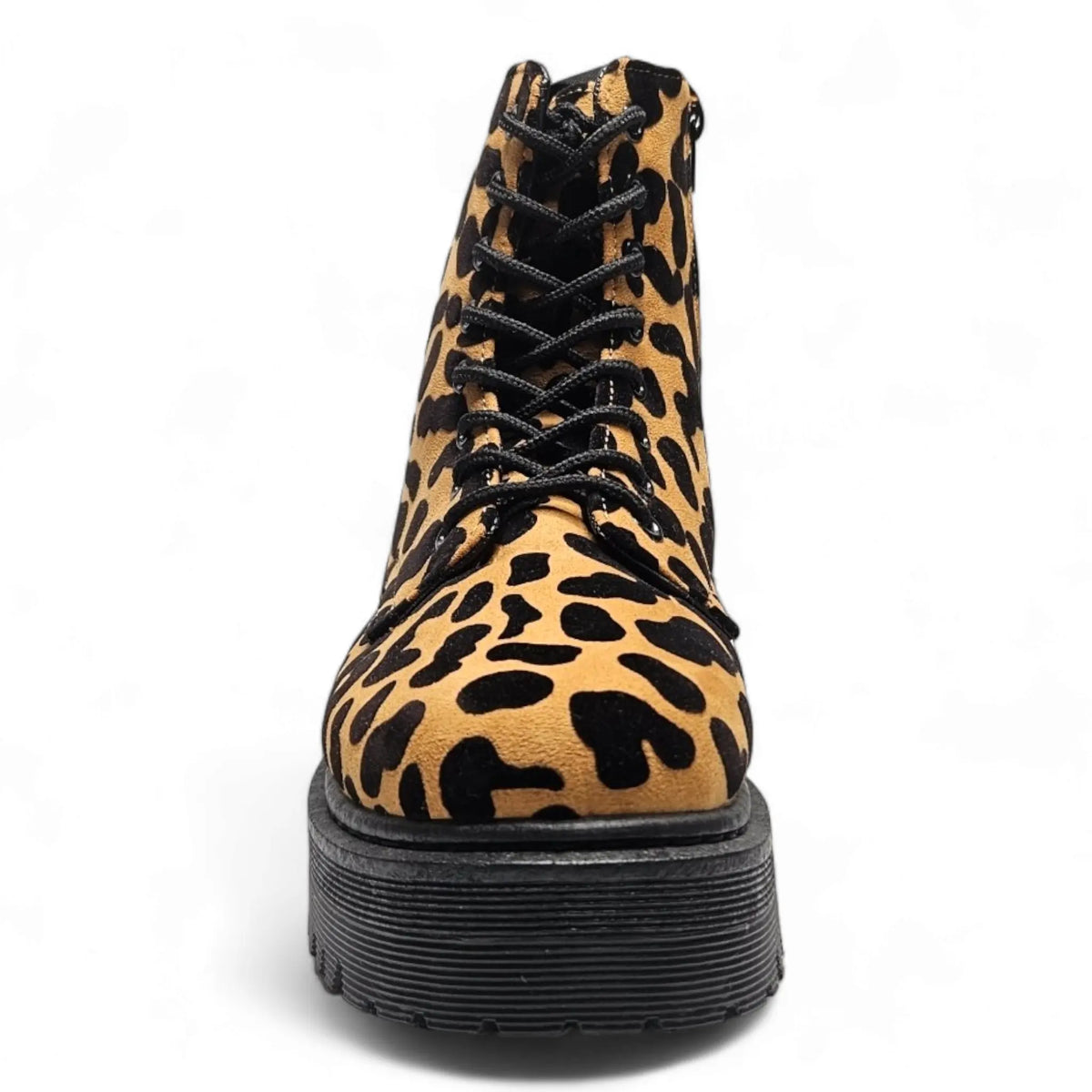 Leopard-print combat boot with chunky black sole and laces for stylish footwear