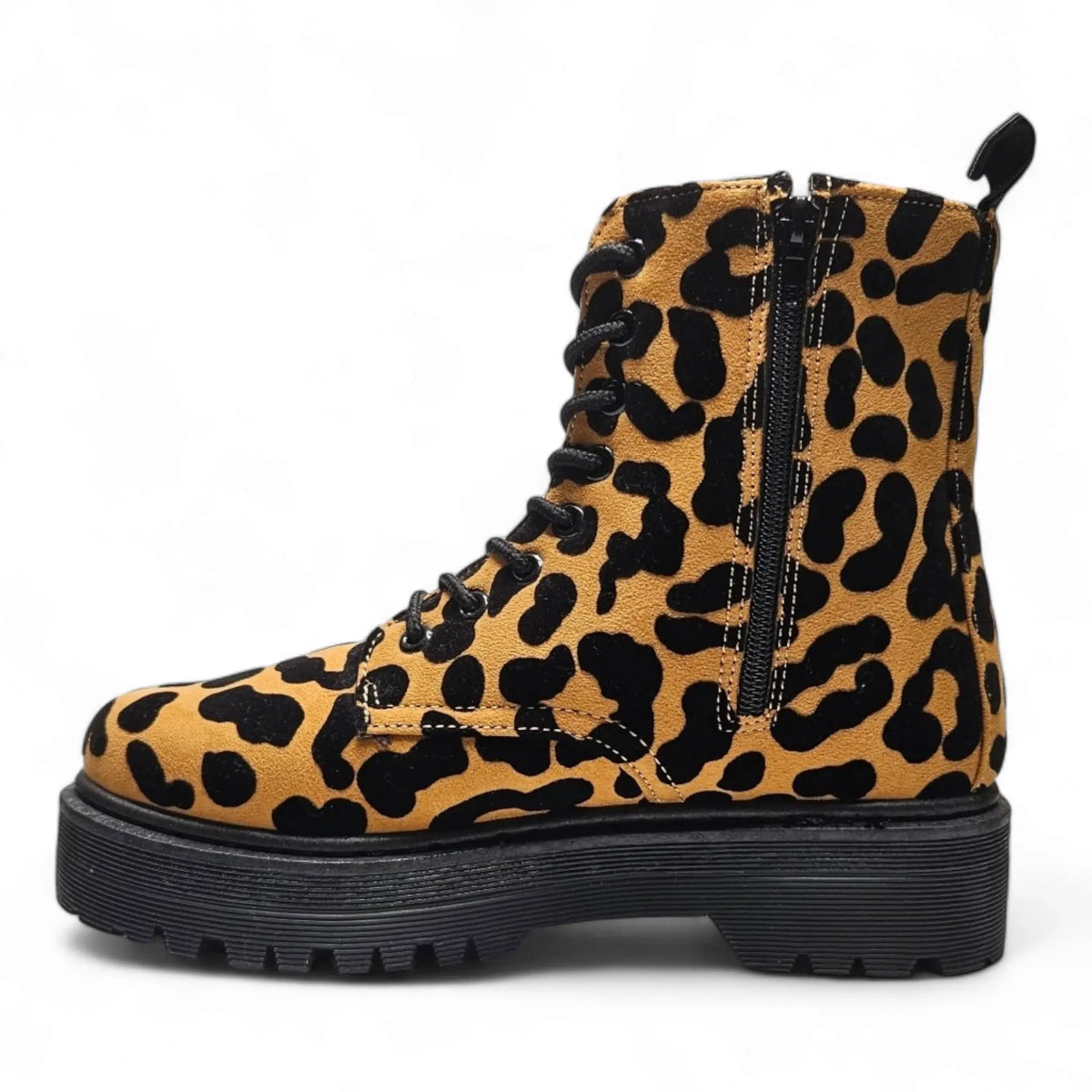 Leopard-print combat boot with chunky sole and side zipper for trendy style