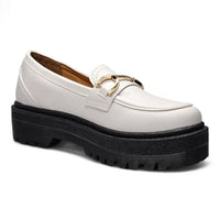 White Platform Loafer with chunky black sole and gold hardware for stylish footwear