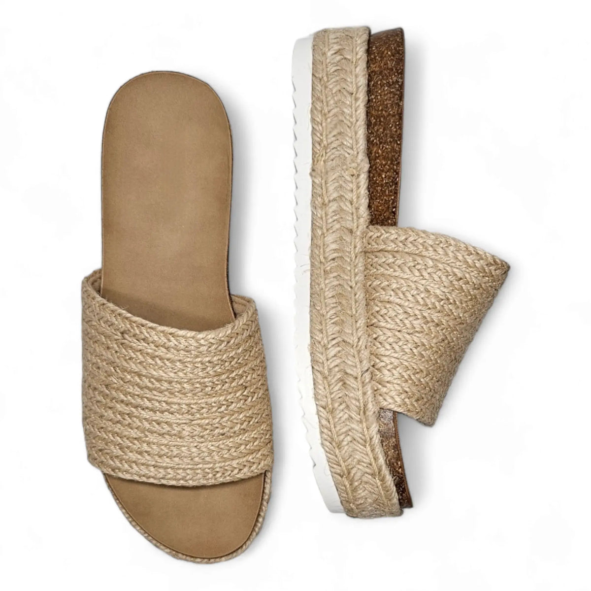 Beige woven espadrille slide sandals with flat soles, Raffia Platform Slide