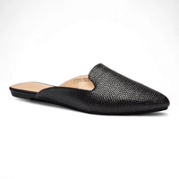 Black textured leather slip-on mule with pointed toe, ideal for chic Raffia Mules style