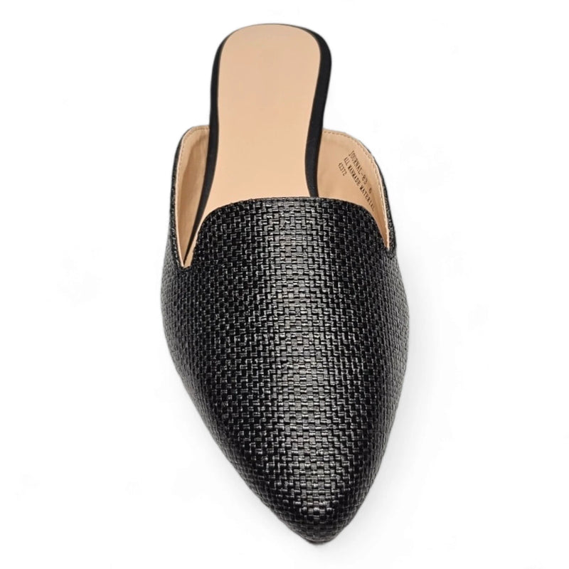 Black woven leather slip-on mule with pointed toe, stylish Raffia Mules design