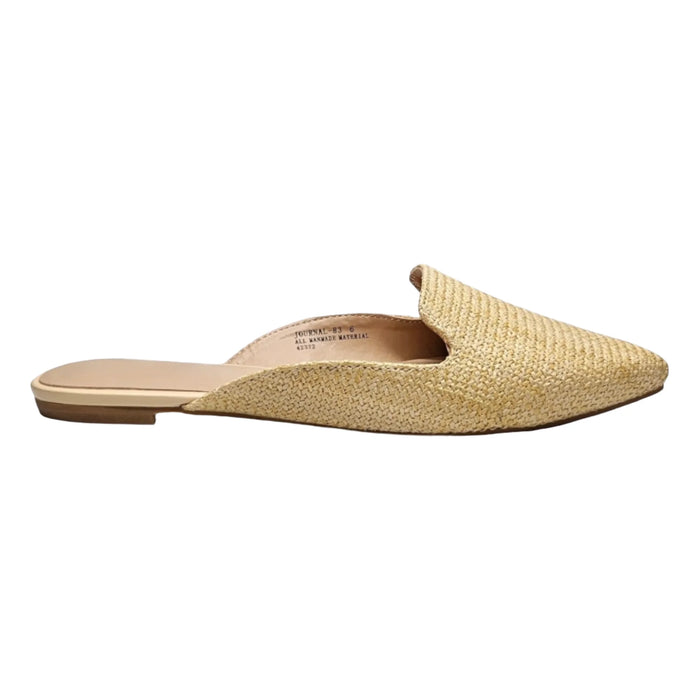 Woven straw raffia mules with a pointed toe for stylish summer footwear