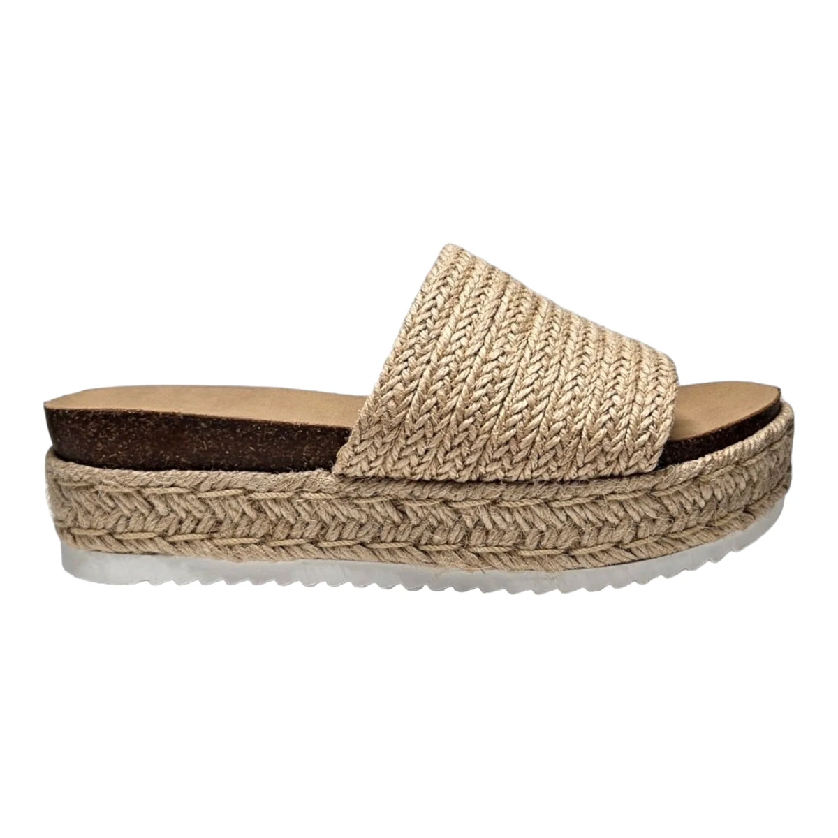 Woven Raffia Platform Slide sandal with espadrille-style sole for stylish comfort