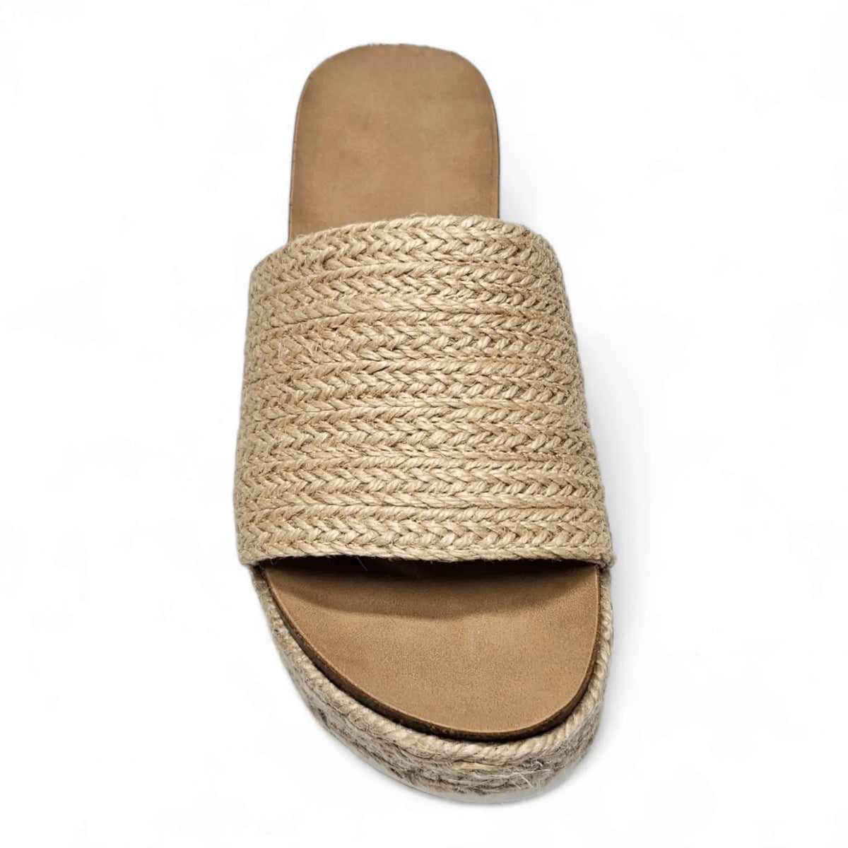 Woven straw jute slide sandal with flat sole from Raffia Platform Slide collection