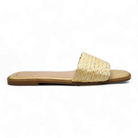 Woven straw slide sandal with flat sole and open toe, perfect for summer, Raffia Slide