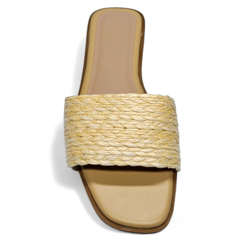 Woven straw slide sandal with flat sole and open toe, perfect Raffia Slide style
