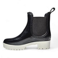 Black glossy Rain Bootie with white chunky sole and elastic side panel