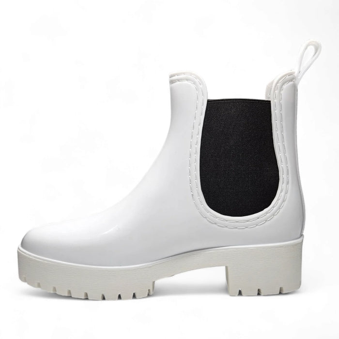 White chunky Chelsea rain bootie with black elastic side panel and thick platform sole