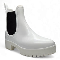 White glossy Chelsea rain bootie with chunky platform sole and black elastic side panel