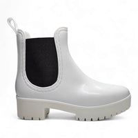 White rubber rain bootie with black elastic side panel and chunky sole