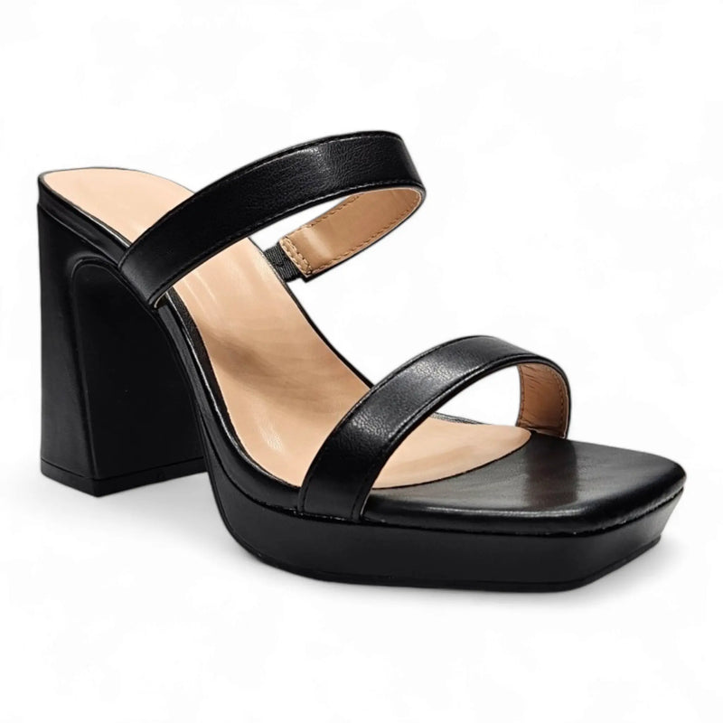 Black leather square toe platform heels with chunky heel and two straps