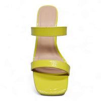 Bright yellow square toe platform heels with two stylish straps