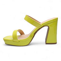 Lime green square toe platform heels featuring a chunky heel and platform sole