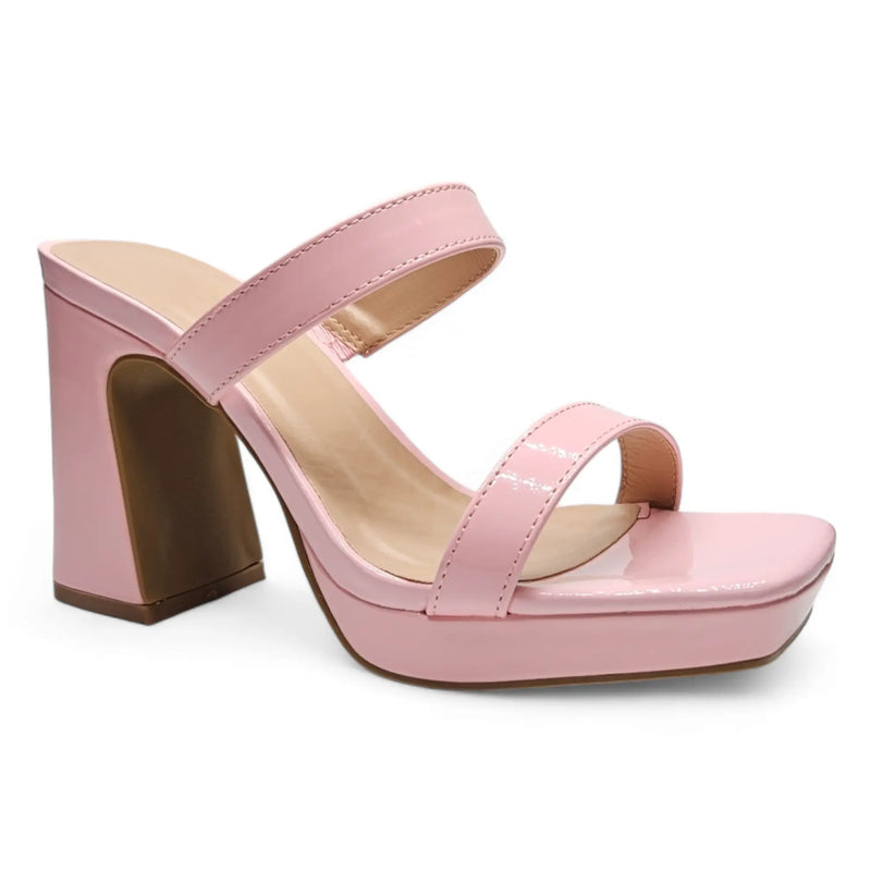 Pink high-heeled square toe platform sandals with two stylish straps