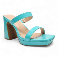 Turquoise high-heeled Square Toe Platform Heels with two straps and a chunky heel