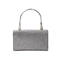 Glittery silver rectangle rhinestone handbag with metallic handle for evening wear