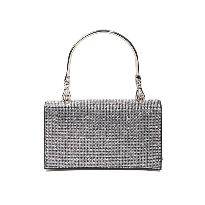 Glittery silver rectangle rhinestone handbag with metallic handle for evening wear