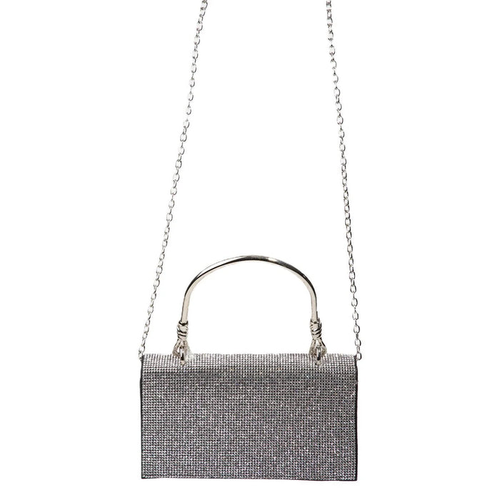 Glittery silver rectangle rhinestone handbag with chain strap and metal handle