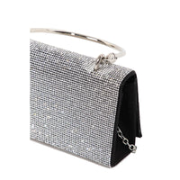 Glittering silver Rectangle Rhinestone Handbag with metal handle and chain strap