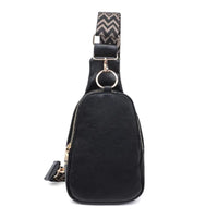 Black Regina Sling Backpack with patterned strap and gold-toned hardware