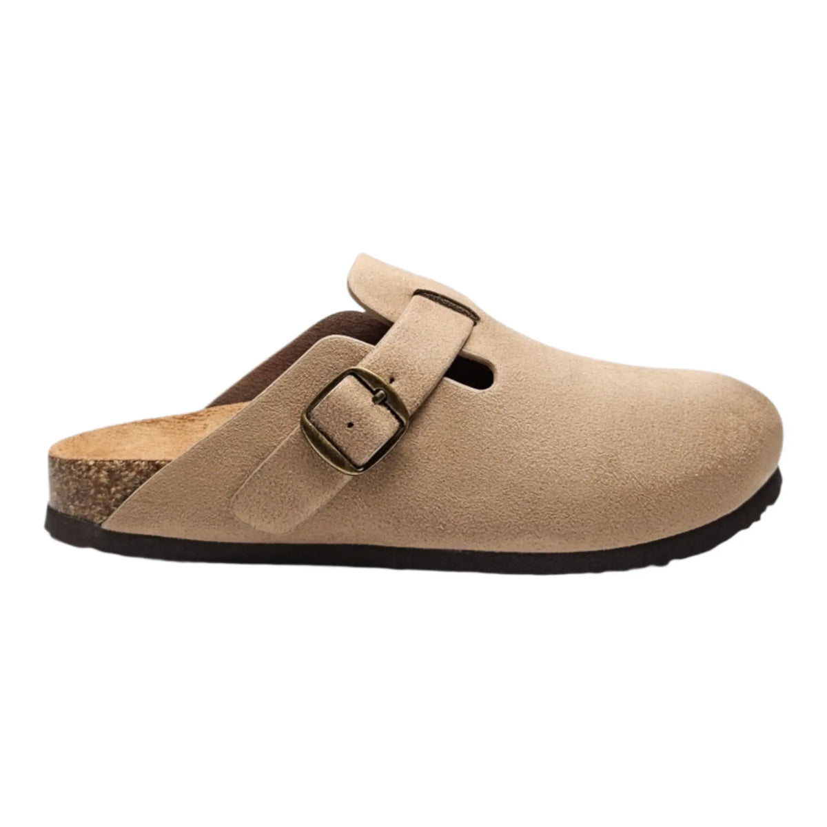 Beige suede Regis Slip on Mule clog with buckle strap and cork footbed