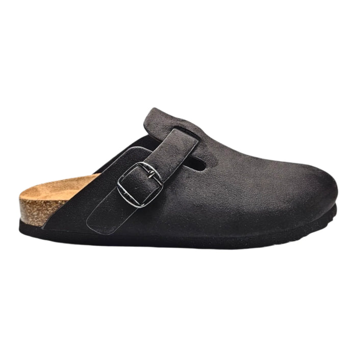 Black leather clog with buckle strap and cork footbed, Regis Slip on Mule style