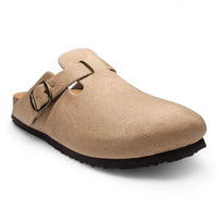 Beige suede clog with buckle strap and black sole from Regis Slip on Mule collection