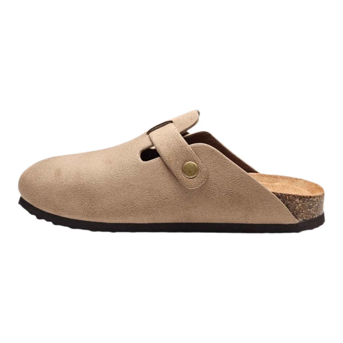 Beige suede Regis Slip on Mule clog with cork footbed and stylish buckle detail