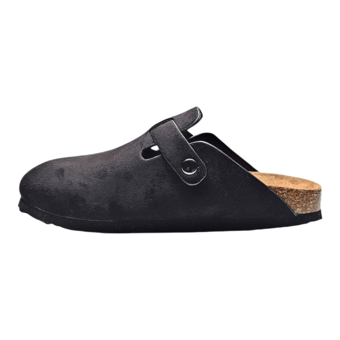 Black leather clog with cork footbed and strap, perfect for Regis Slip on Mule style