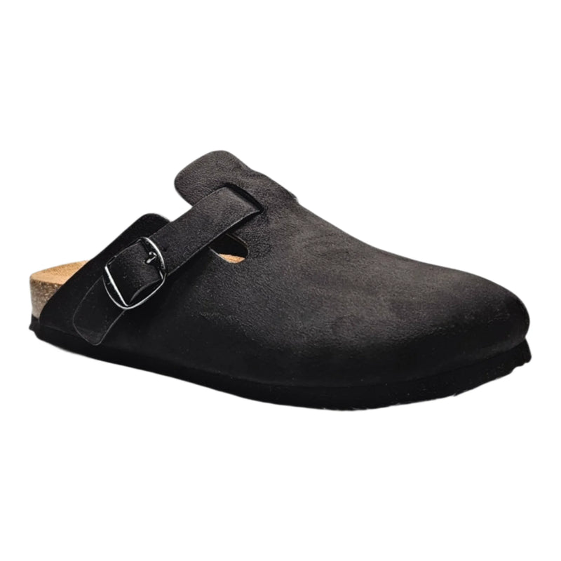 Black suede Regis Slip on Mule with buckle strap and cork footbed