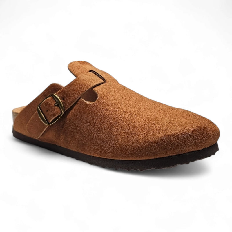 Brown suede clog with side buckle and dark sole - Regis Slip on Mule