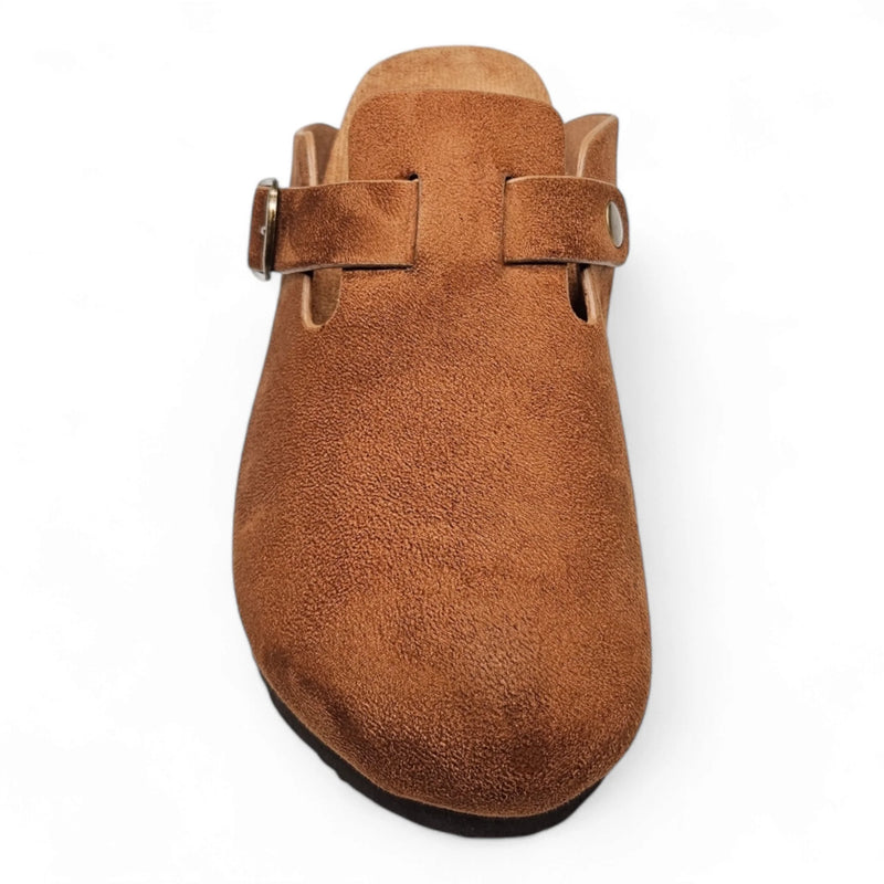 Brown suede Regis Slip on Mule clog with a stylish buckled strap