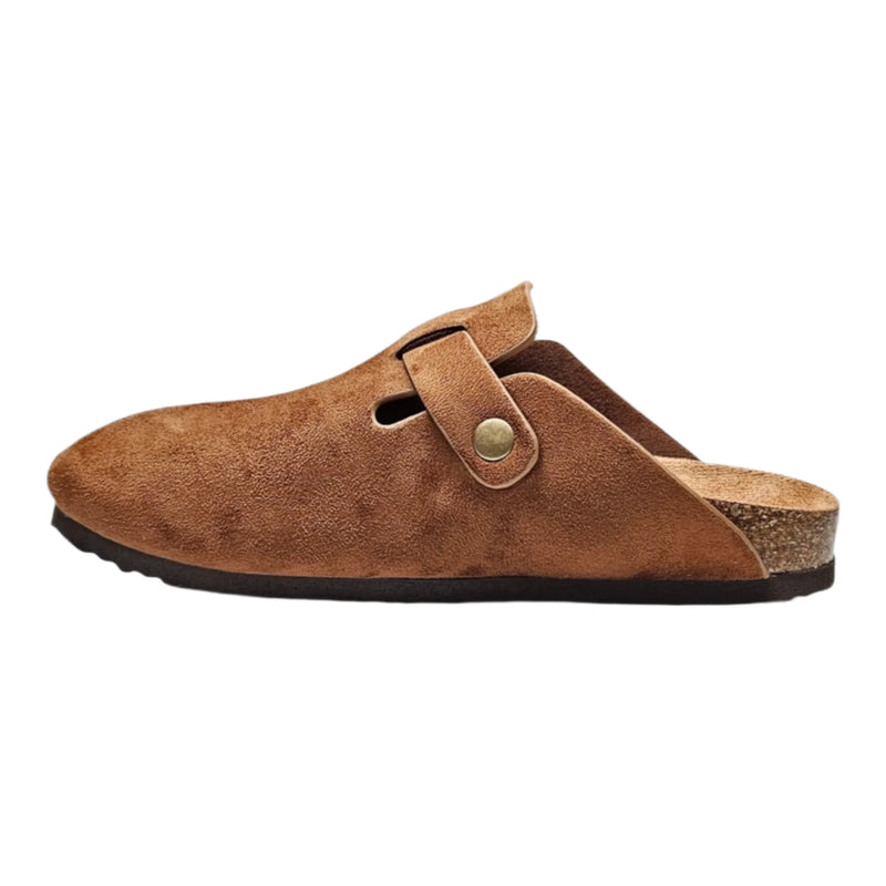 Brown suede Regis Slip on Mule clog with cork footbed and metal snap closure