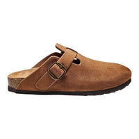 Brown suede Regis Slip on Mule clog with buckle strap for stylish comfort