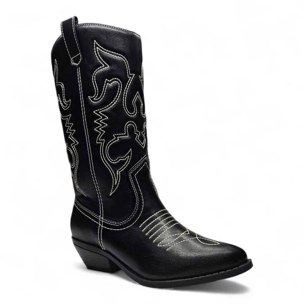 Black leather Rerun Western Boot with white stitched decorative patterns