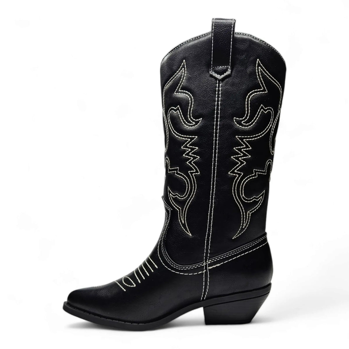 Black leather Rerun Western Boot with decorative white stitching details