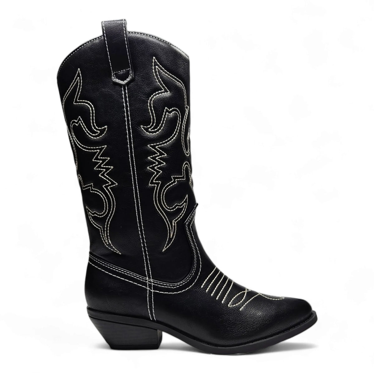 Black leather Rerun Western Boot with white stitched decorative patterns